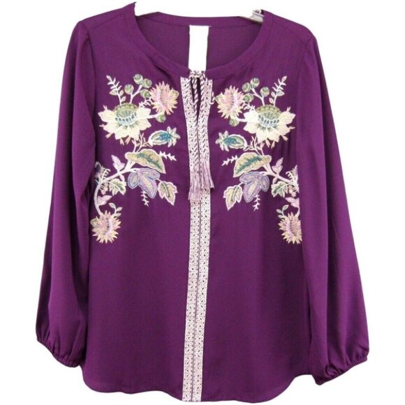 Chicos Purple Embroidered Floral Tassel Tie Front Top Size M 1 Long Sleeve - Picture 1 of 10